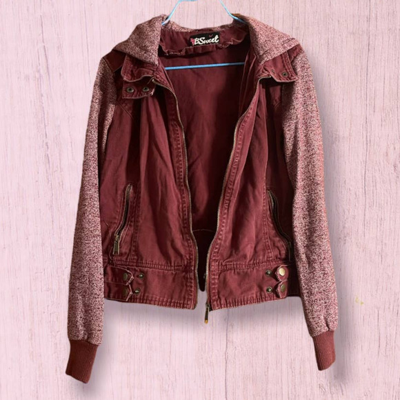 BSweet Womens Burgundy Canvas & Stretch Knit, Zip Front, Hoodie Jacket-Size L - Picture 2 of 4